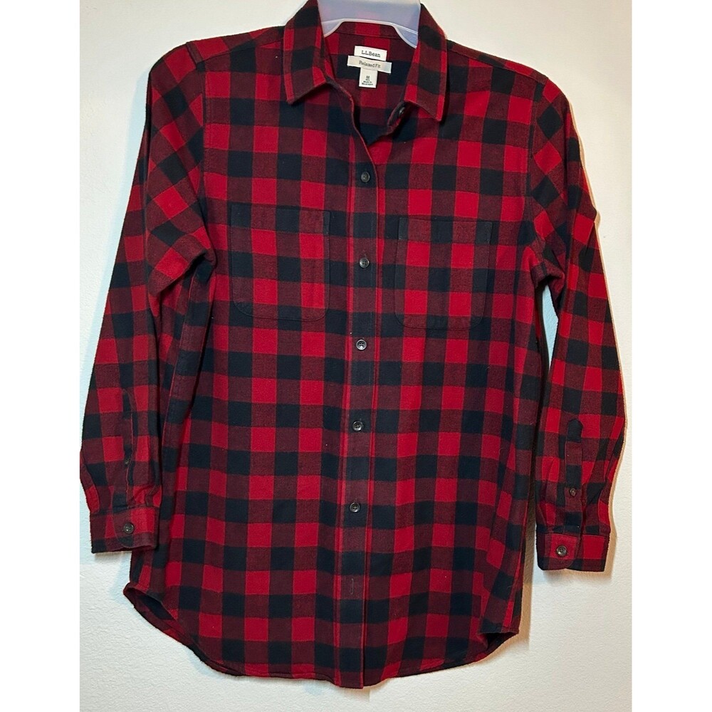 LL Bean Relaxed Fit Shirt Tartan Plaid Black & Red Flannel Button Up Size Medium